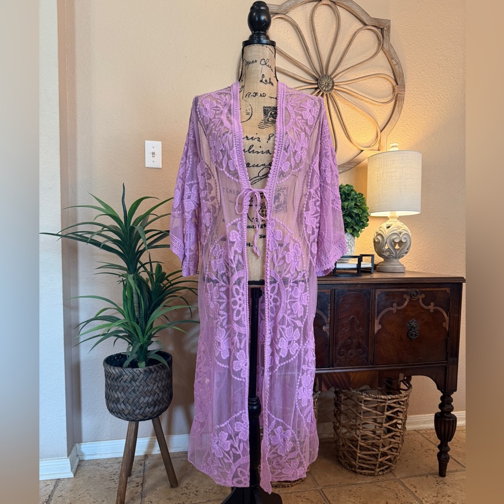 Forgotten Grace Vibrant Lavender Lace Embroidered Floral Sheer Kimono Duster - Picture 13 of 13
